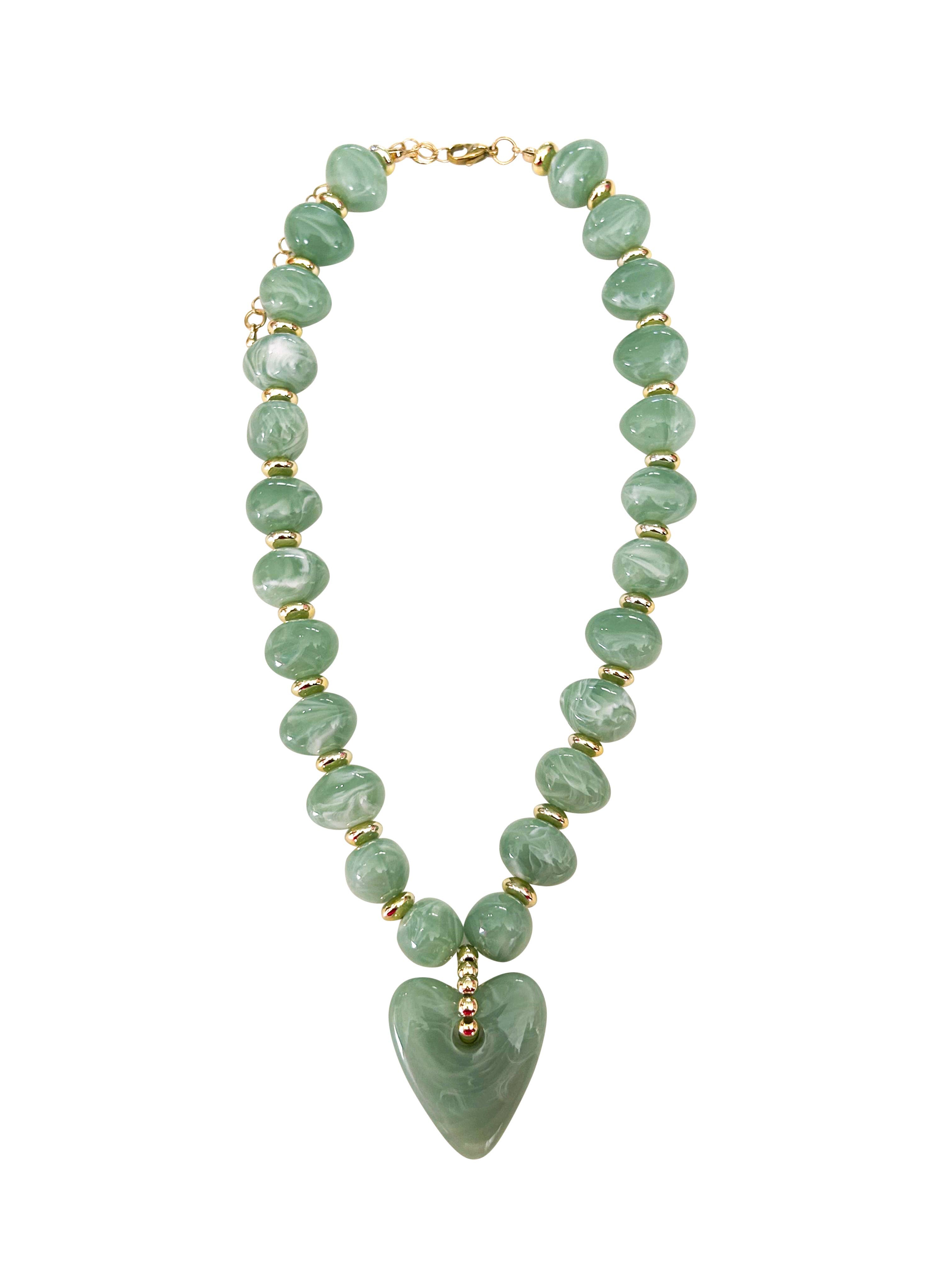 Athens Green Beaded Necklace with Heart Charm